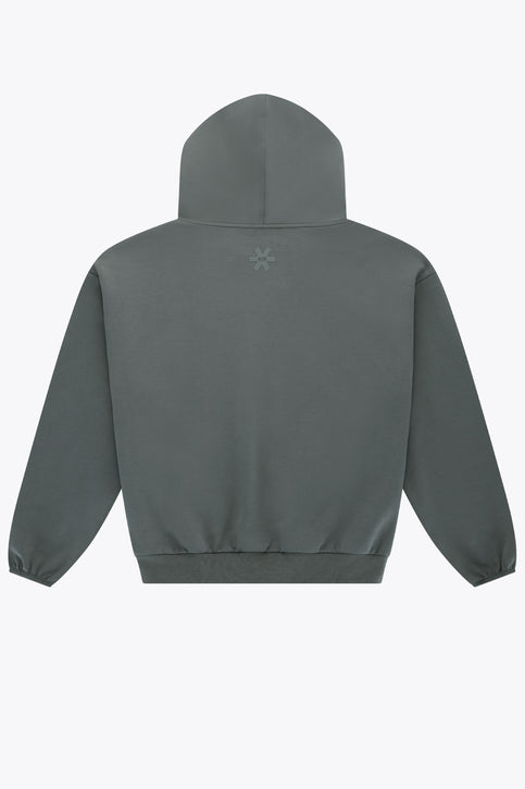 Dark grey melange unisex hoodie with kangaroo pocket, back view