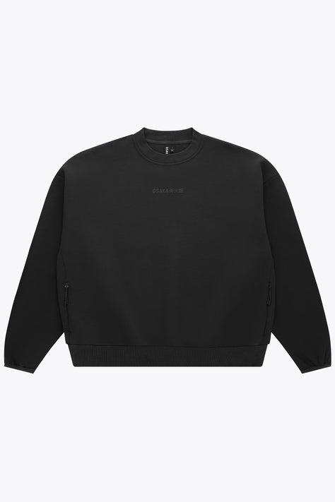 Black unisex crewneck sweater with small chest logo