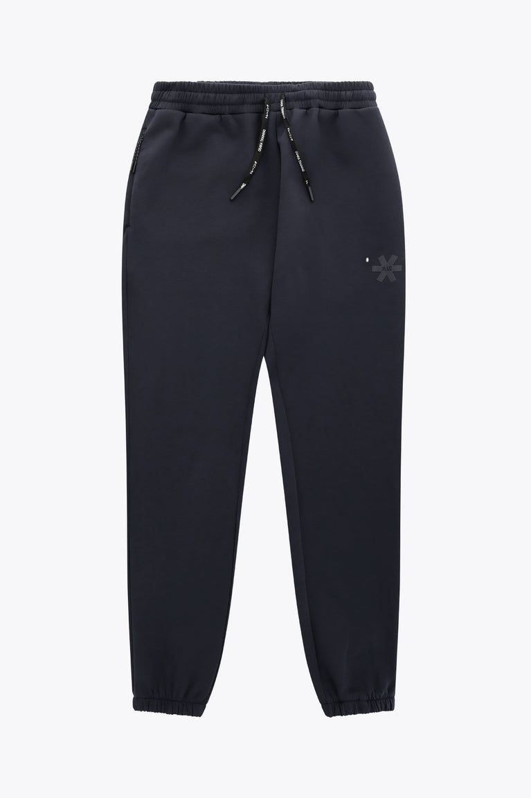 Navy unisex sweatpants with elastic waistband, drawstring, and cuffed ankles