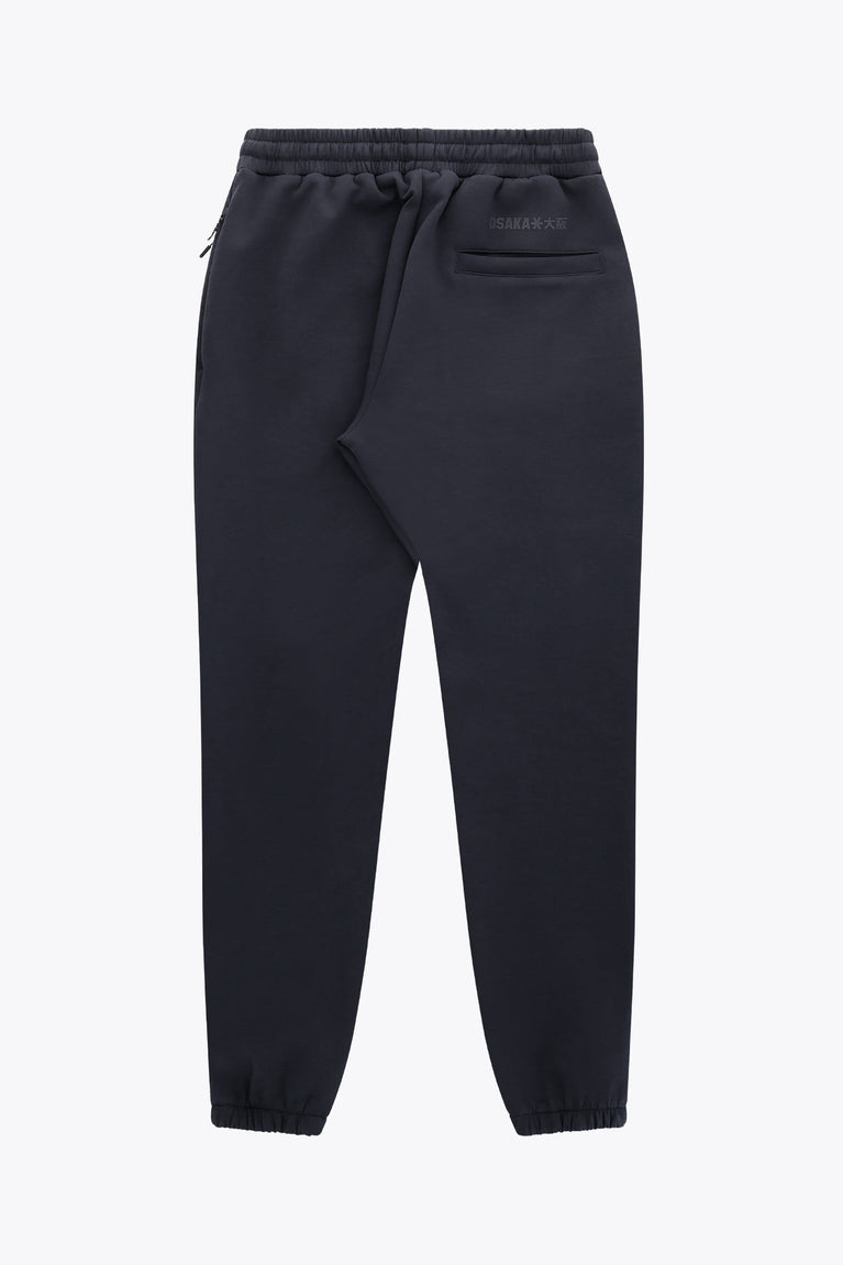 Navy unisex sweatpants with elastic waistband, front pocket seam, and cuffs