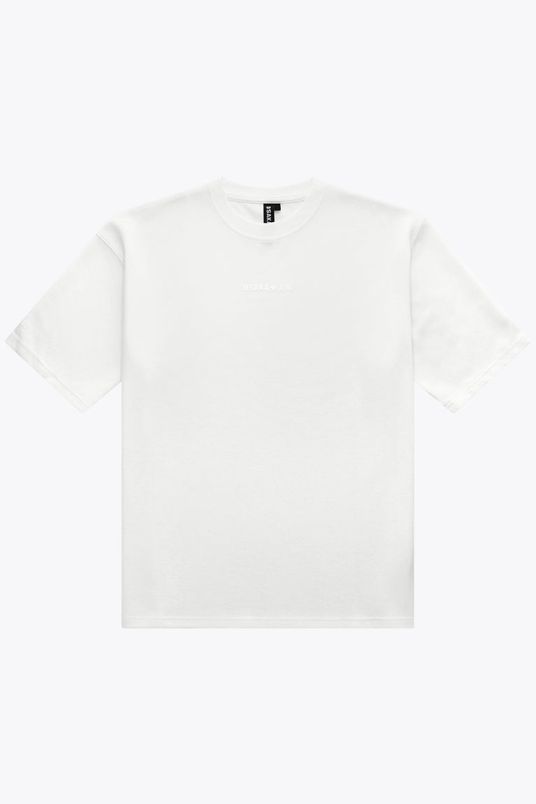 White unisex boxy crewneck T-shirt with short sleeves and small chest logo print