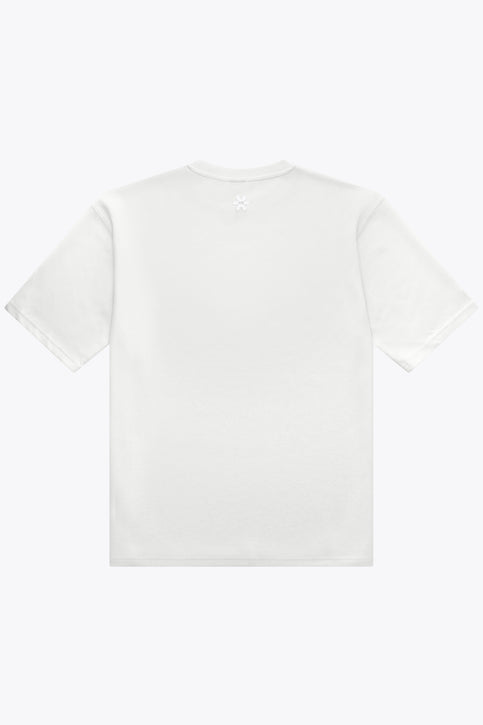 White unisex boxy crewneck T-shirt with short sleeves and small chest logo print