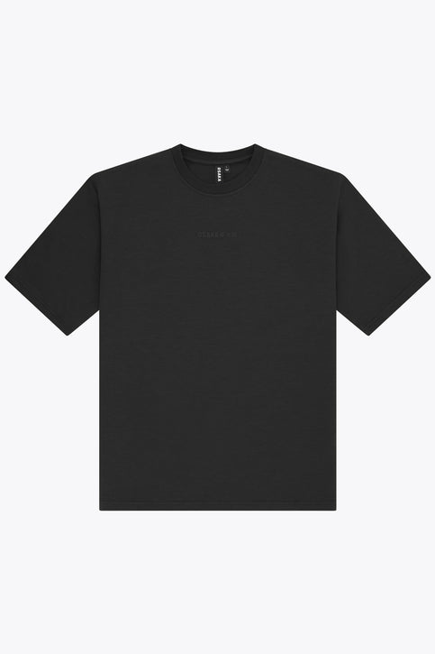 Black unisex boxy T-shirt with crew neck and short sleeves