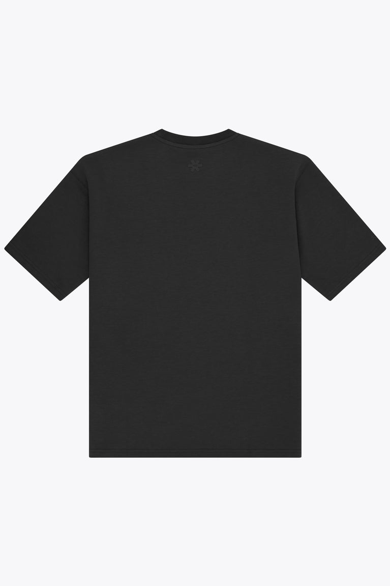 Black unisex boxy T-shirt, back view with crew neck