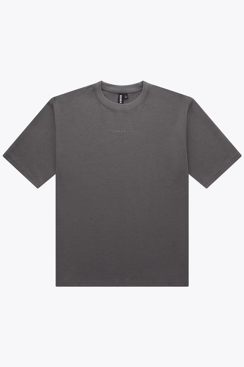 Dark grey unisex boxy T-shirt with crew neck and small front logo