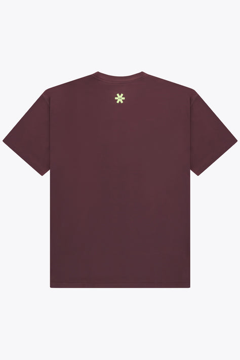 Men's burgundy T-shirt with small chest logo and text print