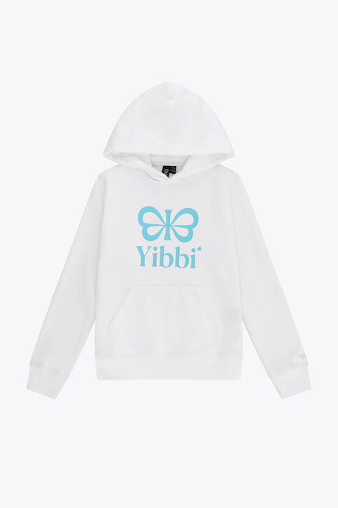 Kids white hoodie with front hood and blue Yibbi logo graphic