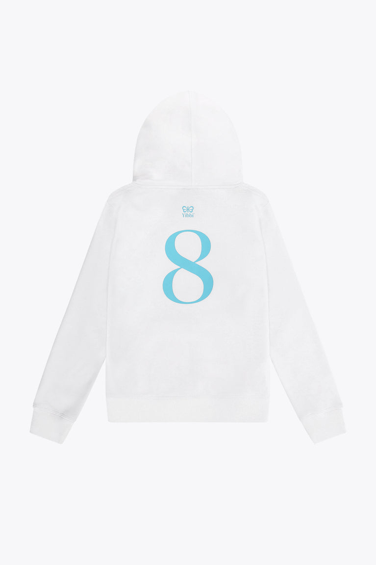 Kids white hoodie back with blue Yibbi logo and large number 8 print