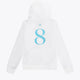 Kids white hoodie back with blue Yibbi logo and large number 8 print
