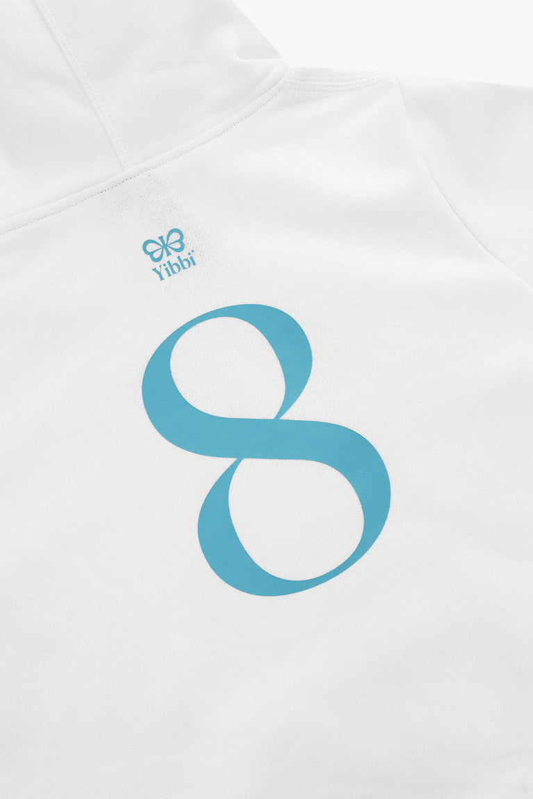 Kids white hoodie chest with small blue Yibbi logo and large 8 graphic