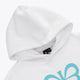 Kids white hoodie with hood opening and partial blue Yibbi graphic on chest