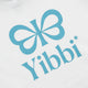 Kids white hoodie with large blue Yibbi logo text and flower emblem print