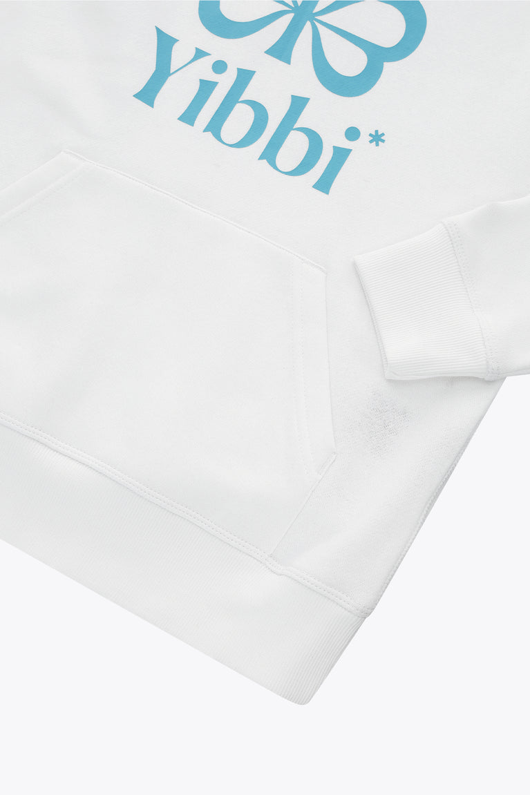 Kids white hoodie front hem and kangaroo pocket with stitched seams