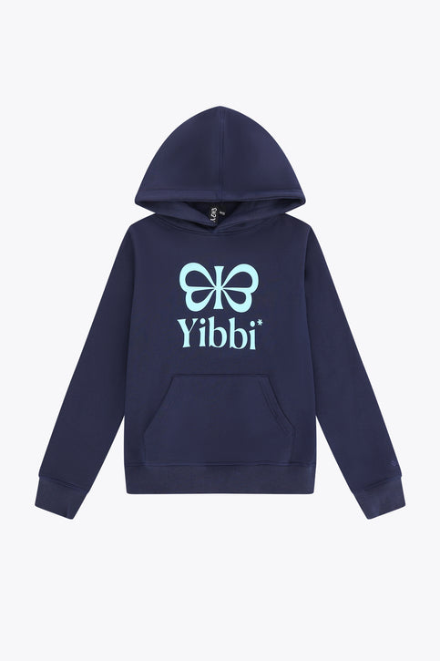 Kids deep sea navy hoodie with hood and front kangaroo pocket, Yibbi logo print.
