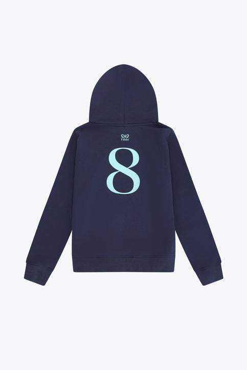 Kids deep sea navy hoodie with hood and front kangaroo pocket, Yibbi logo print.