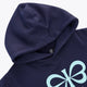 Kids deep sea navy hoodie with hood and mint bow-style Yibbi graphic on chest.