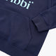 Kids deep sea navy hoodie cuff and hem with ribbed sleeve cuffs and logo print.