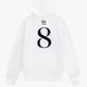 White adult hoodie with large black number 8 graphic on back