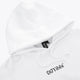 White hoodie close up with drawstring hood and Yibbi chest logo