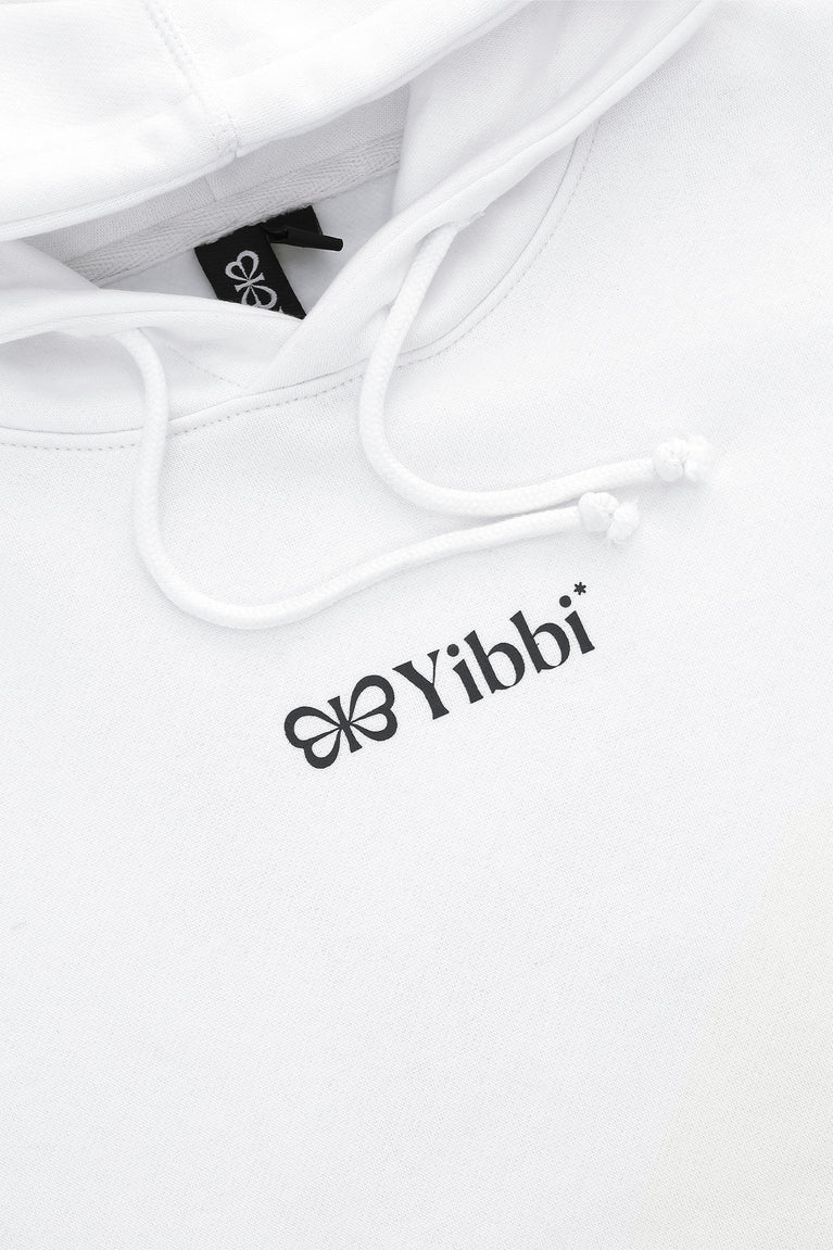 White hoodie front with embroidered Yibbi logo and drawstring