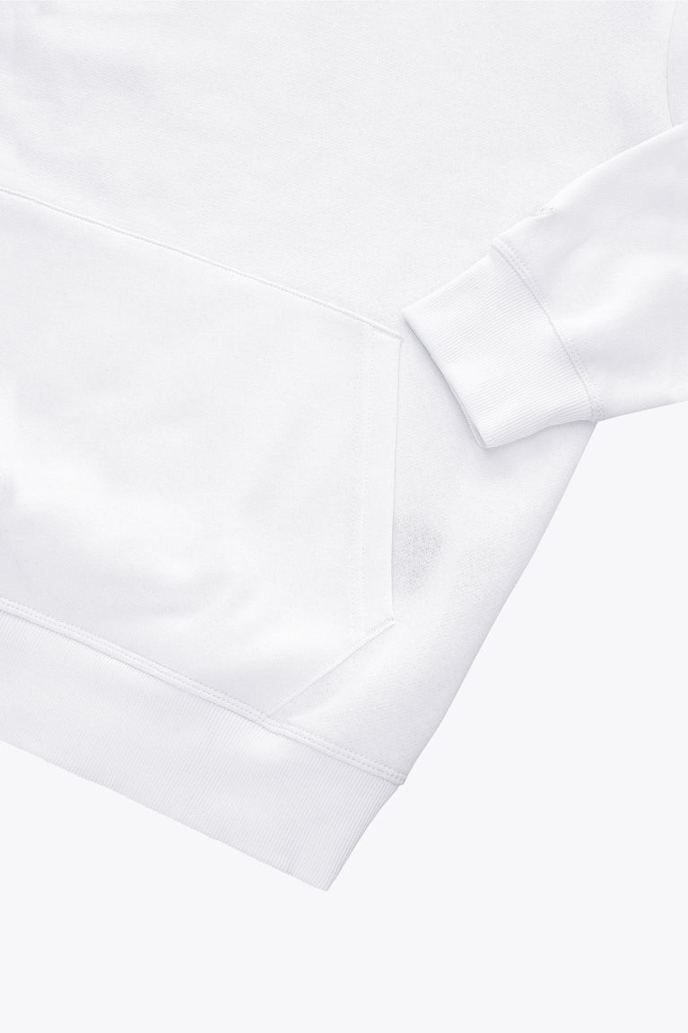 White hoodie with smooth cuffs and stitched seam detail on sleeve