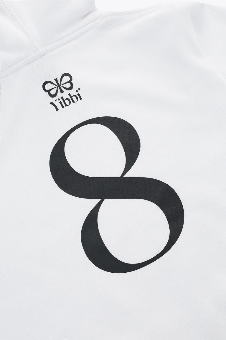 White adult hoodie with large black 8 graphic and small Yibbi logo