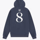 Deep sea navy adult hoodie with back graphic number 8 and drawstring hood