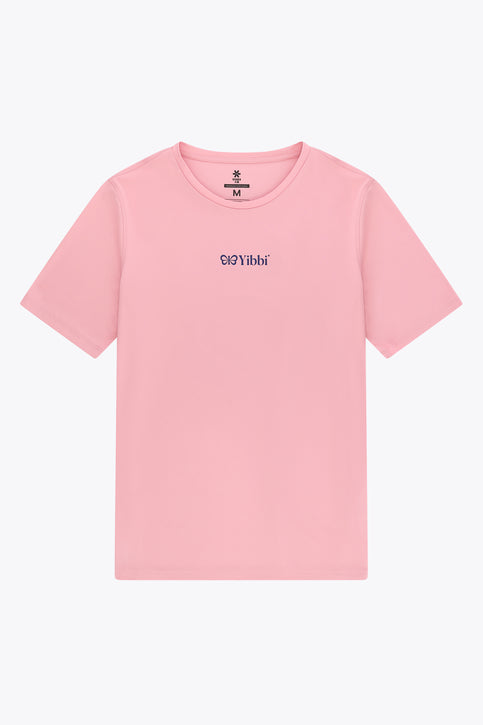 Pastel pink adult sports tee, small navy Yibbi logo on chest
