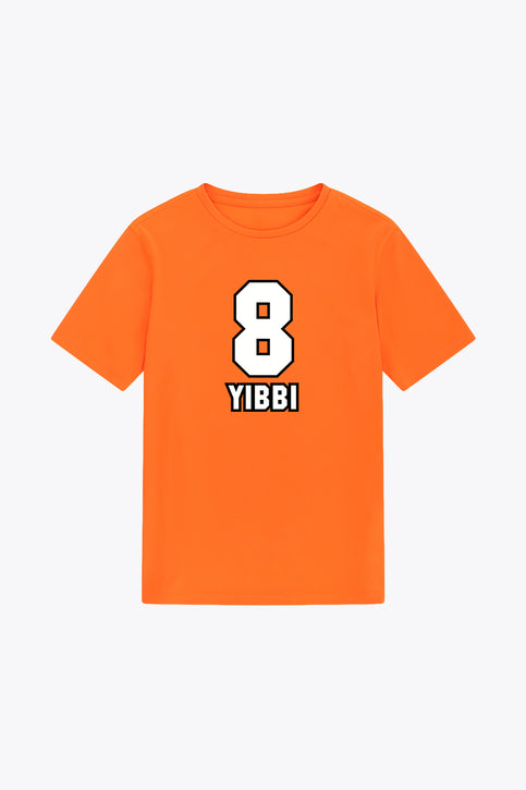 Orange kids T-shirt with bold black Number 8 graphic and Yibbi logo
