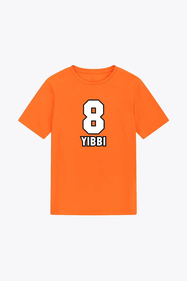 Orange kids T-shirt with bold black Number 8 graphic and Yibbi logo