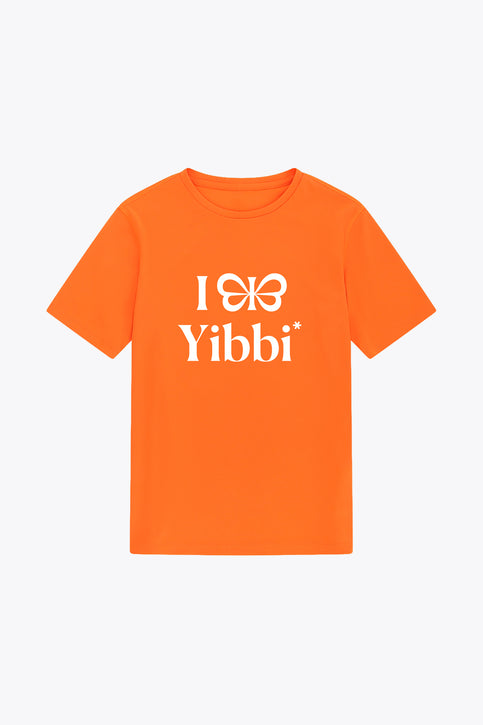 Kids' orange T-shirt with white Yibbi logo on the front