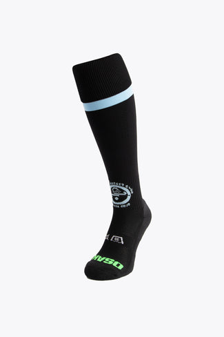 Osaka x Arlon Field Hockey Socks in black with light blue and Osaka logo in green. Front view