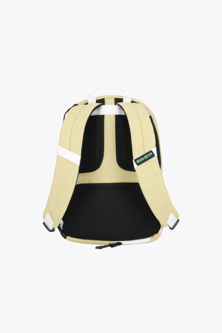 Osaka pro tour backpack in faded yellow with logo in white. Back view