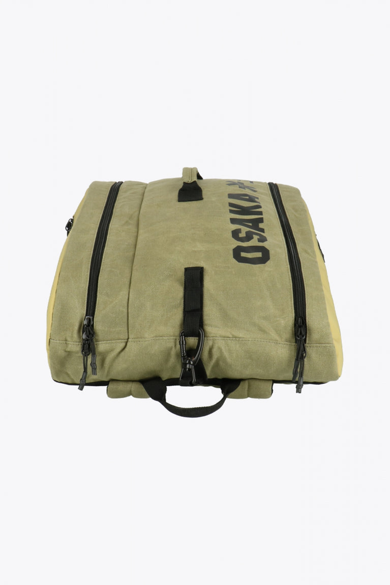 Pro Tour padel bag in olive with logo in black. From above view