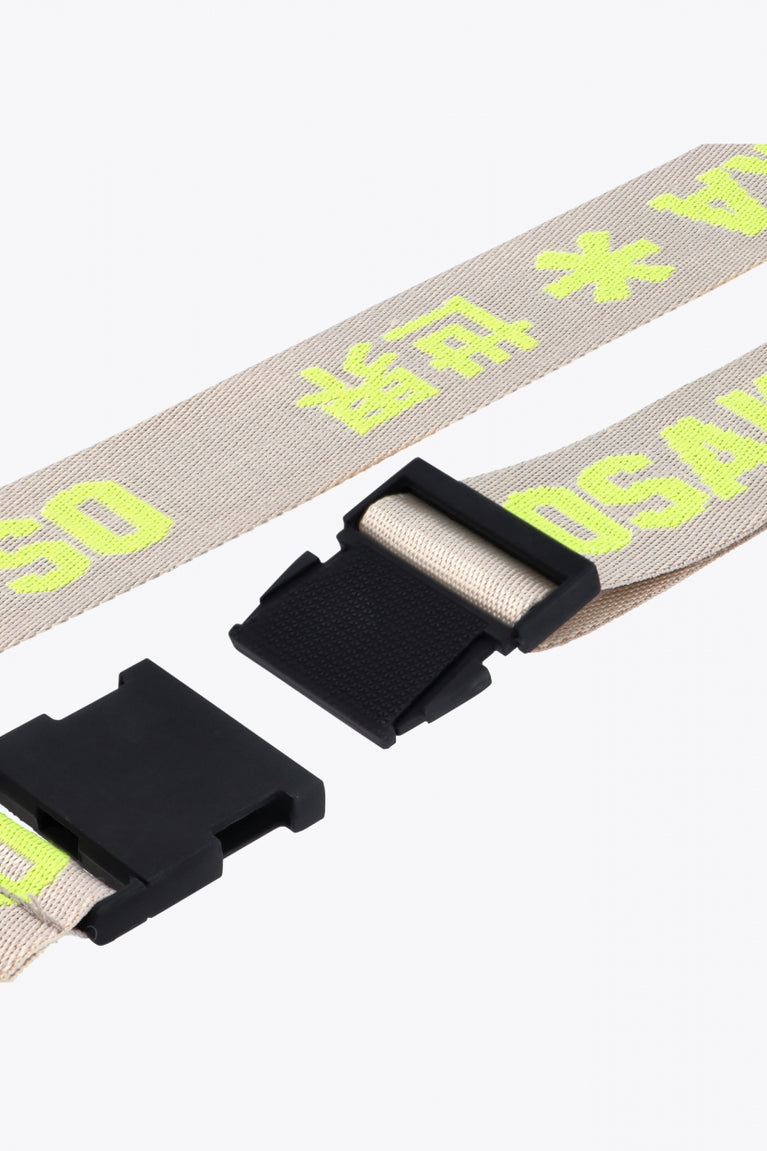Osaka neoprene belt bag in black with logo in green on belt. Detail belt view