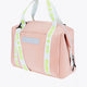 Osaka neoprene duffel bag in powder pink with logo in white on the bag and in green on the straps. Front view