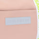 Osaka neoprene duffel bag in powder pink with logo in white on the bag and in green on the straps. Detail logo view
