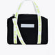 Osaka neoprene duffel bag in black with logo in white on the bag and in green on the straps. Front view