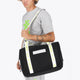 Osaka neoprene duffel bag in black with logo in white on the bag and in green on the straps. Man wearing the bag