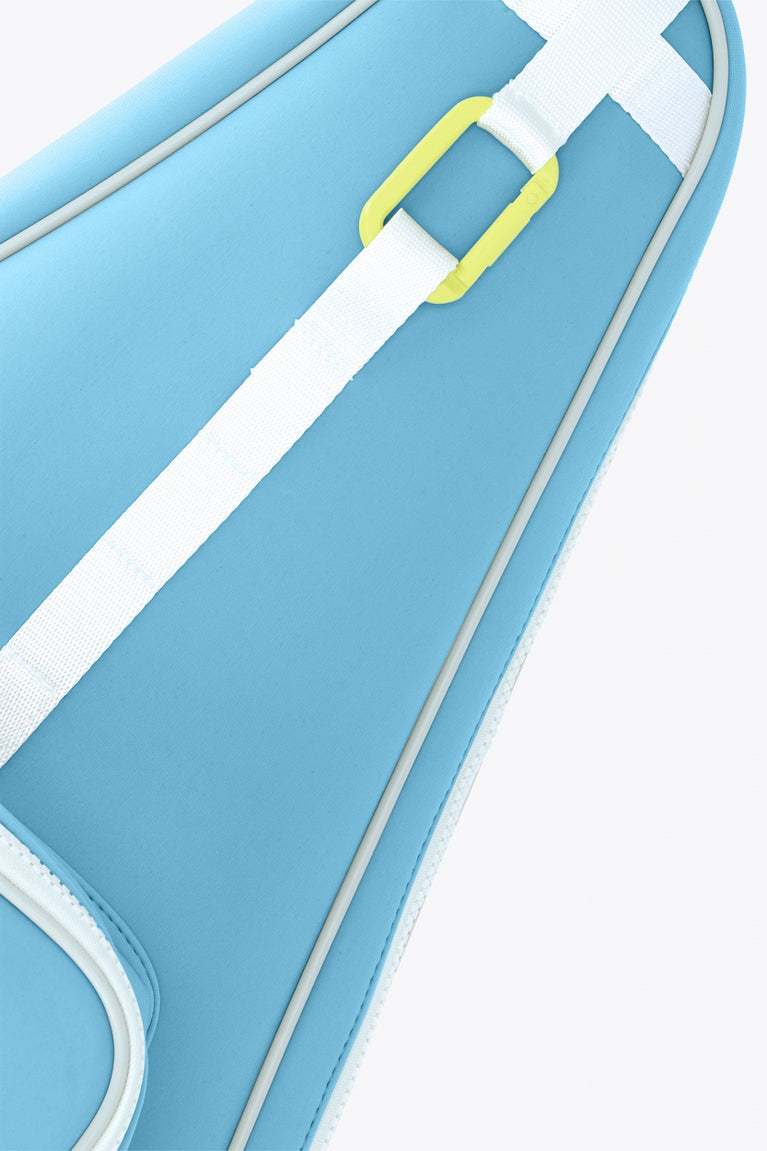 Osaka neoprene padel bag in light blue with logo in white. Detail front view