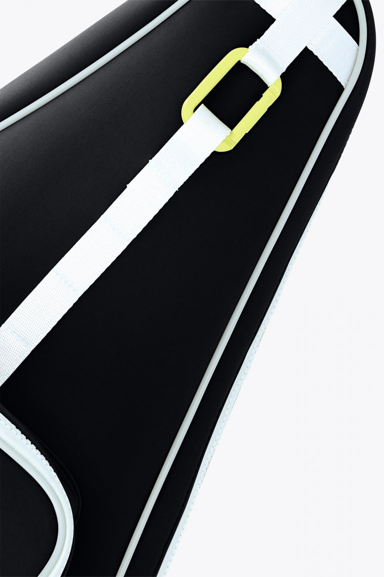 Osaka neoprene padel bag in black with logo in white. Detail front view