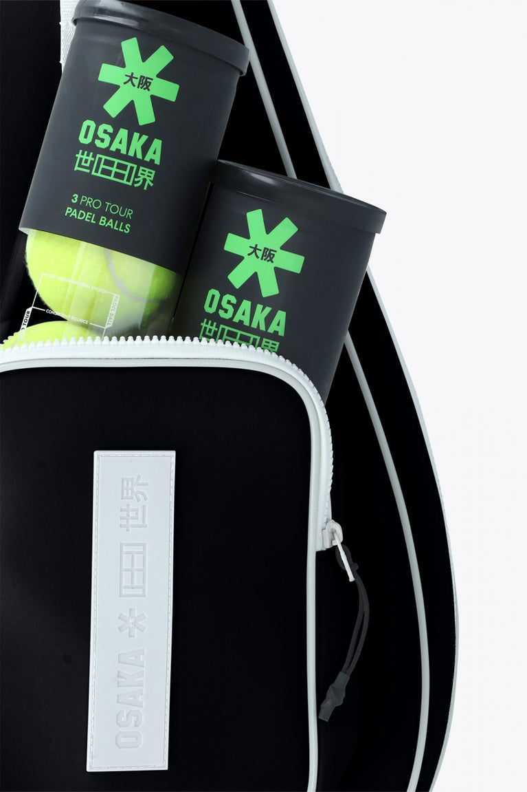 Osaka neoprene padel bag in black with logo in white. Detail compartment view