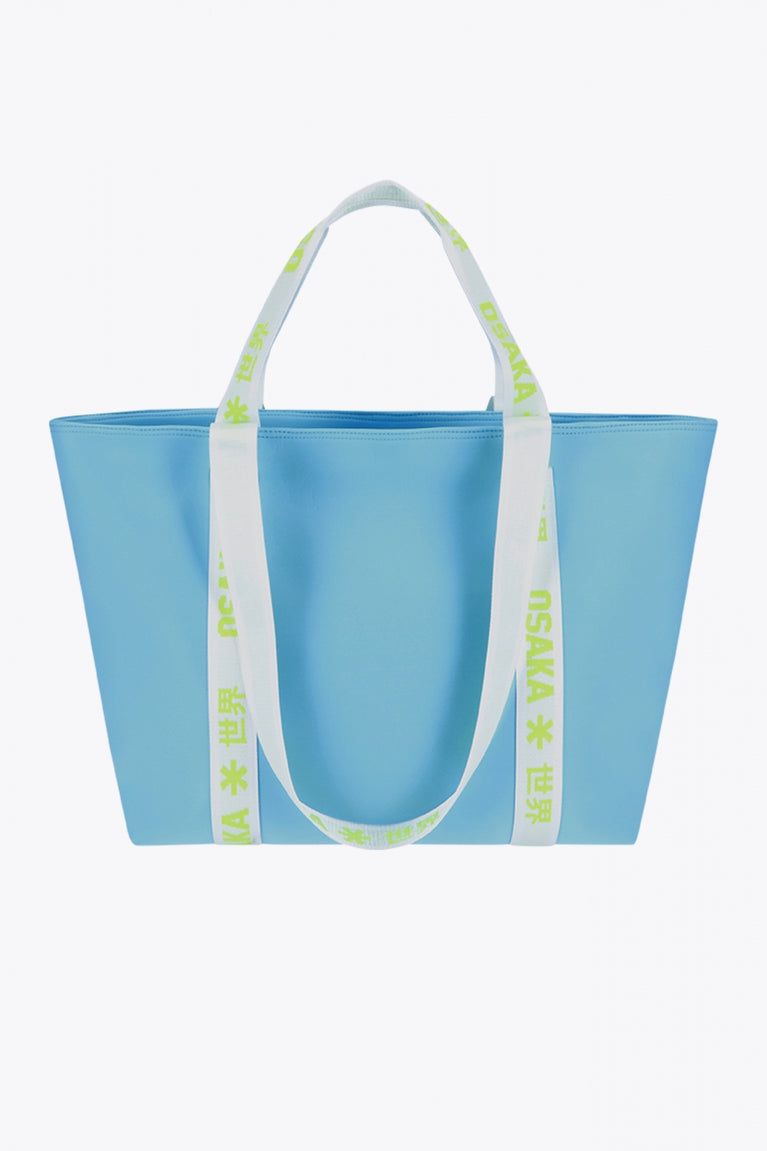 Osaka neoprene Tote bag in light blue with logo in white. Back view
