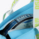 Osaka neoprene Tote bag in light blue with logo in white. Detail zip view