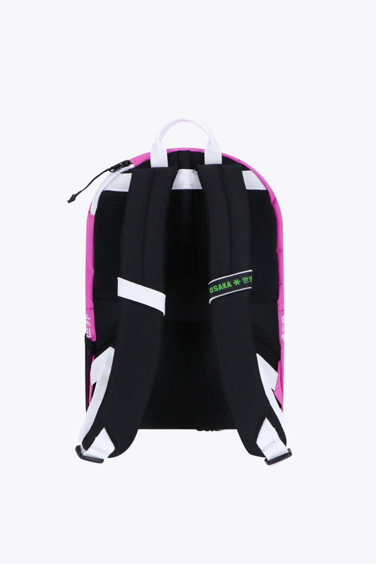 Osaka pro tour compact backpack in pink with logo in white. Back view