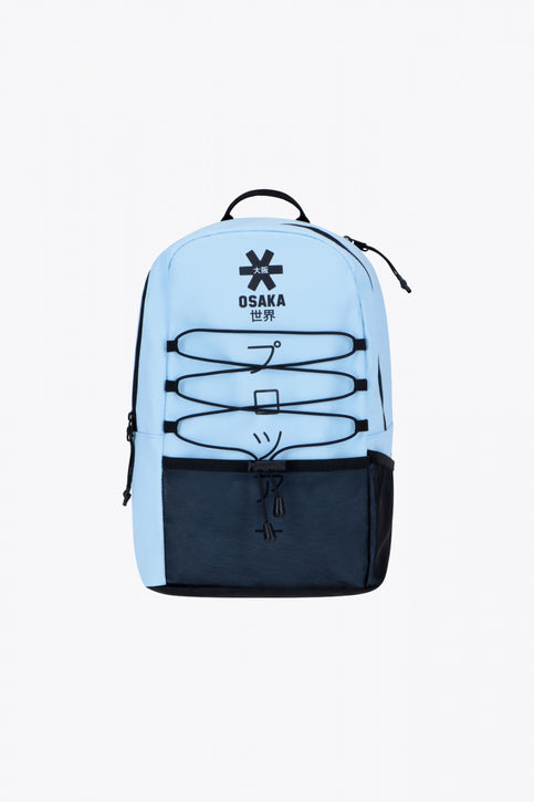 Osaka pro tour compact backpack in light blue with logo in black. Front view
