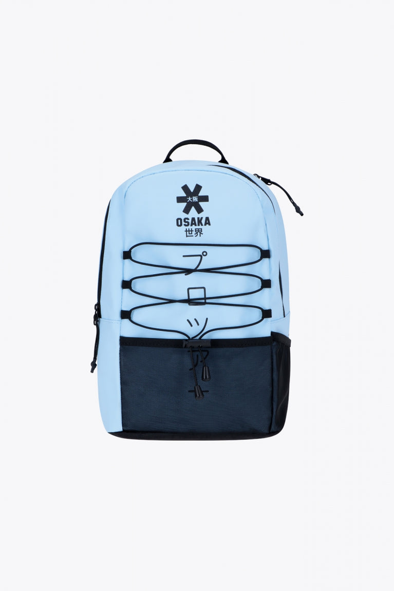 Osaka pro tour compact backpack in light blue with logo in black. Front view