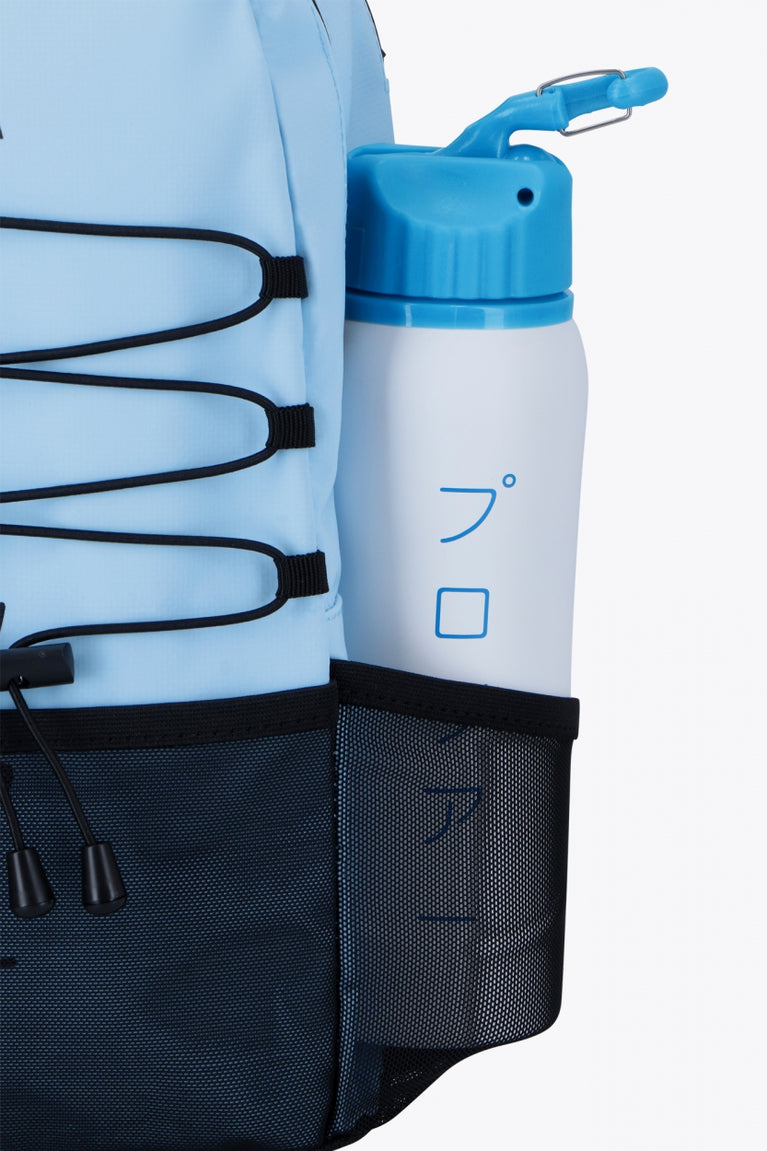 Osaka pro tour compact backpack in light blue with logo in black. Detail water bottle view