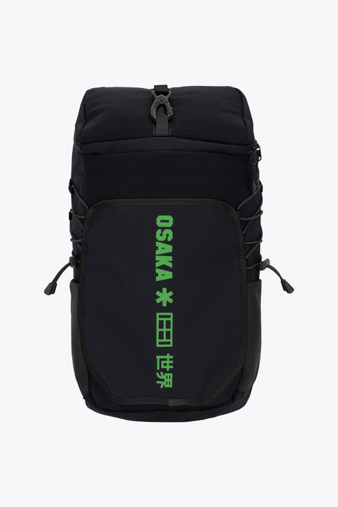 Pro Tour padel backpack in black with logo in green. Front view