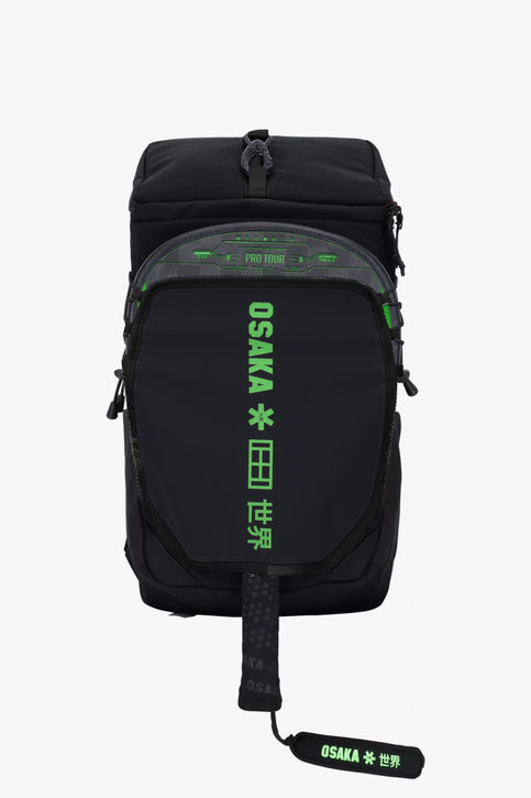  Pro Tour padel backpack in black with logo in green. Front view